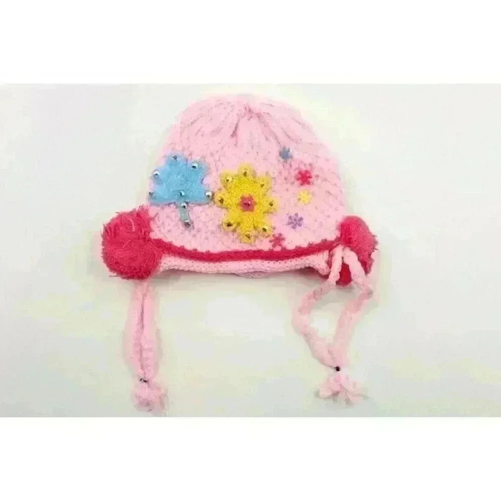 HAND knitted girl hat with knitted applique with beads for 3-6 year old. NEW.